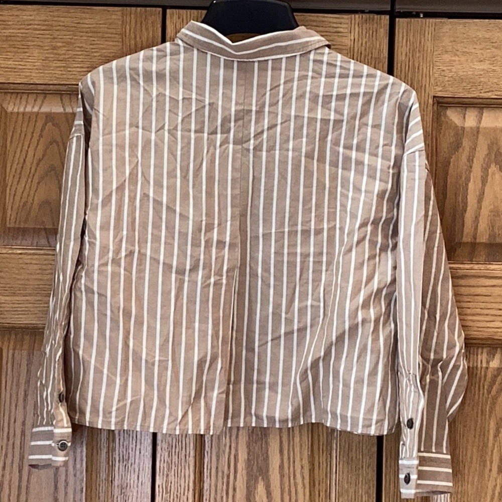 Everlane boxy cotton tan and white striped button down pajamas top. ❗️NEW. Sz SM - Picture 5 of 11